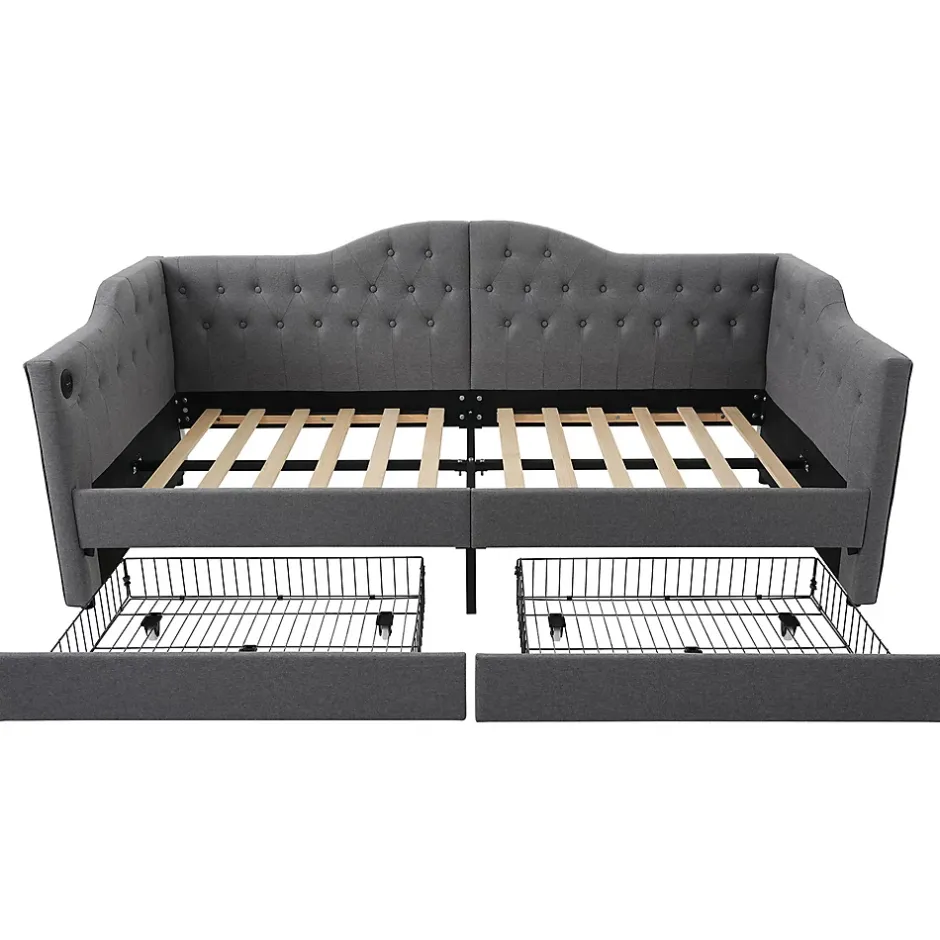 Gutent Lit adulte lit 90x190 cm lit rembourré avec 2 tiroirs Single lin gris Discount
