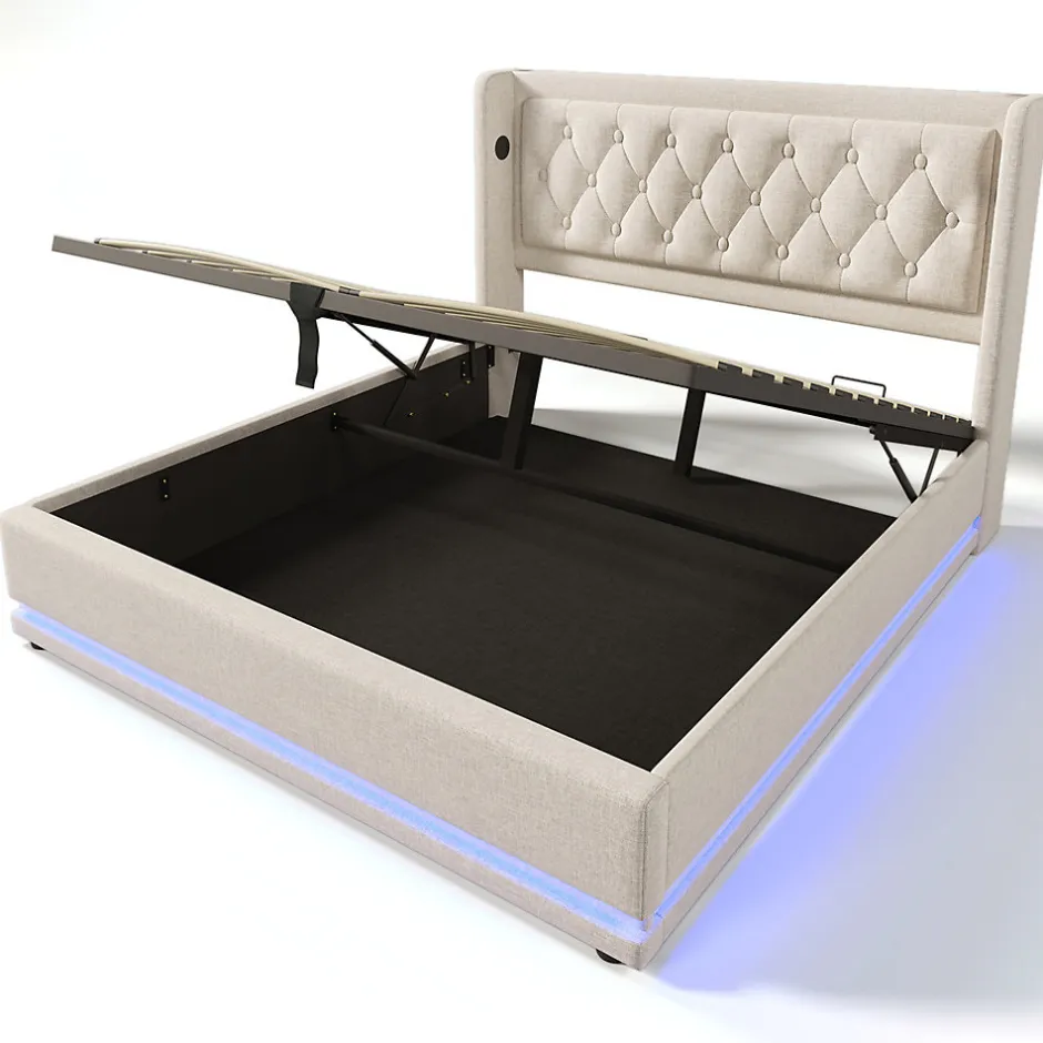 Gutent Lit adulte lit 140x200 cm lit rembourré hydraulique lit de rangement lit double coton beige