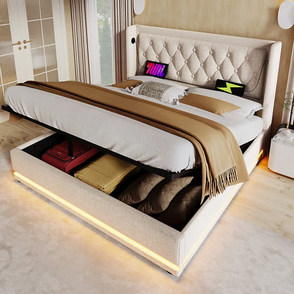 Gutent Lit adulte lit 140x200 cm lit rembourré hydraulique lit de rangement lit double coton beige