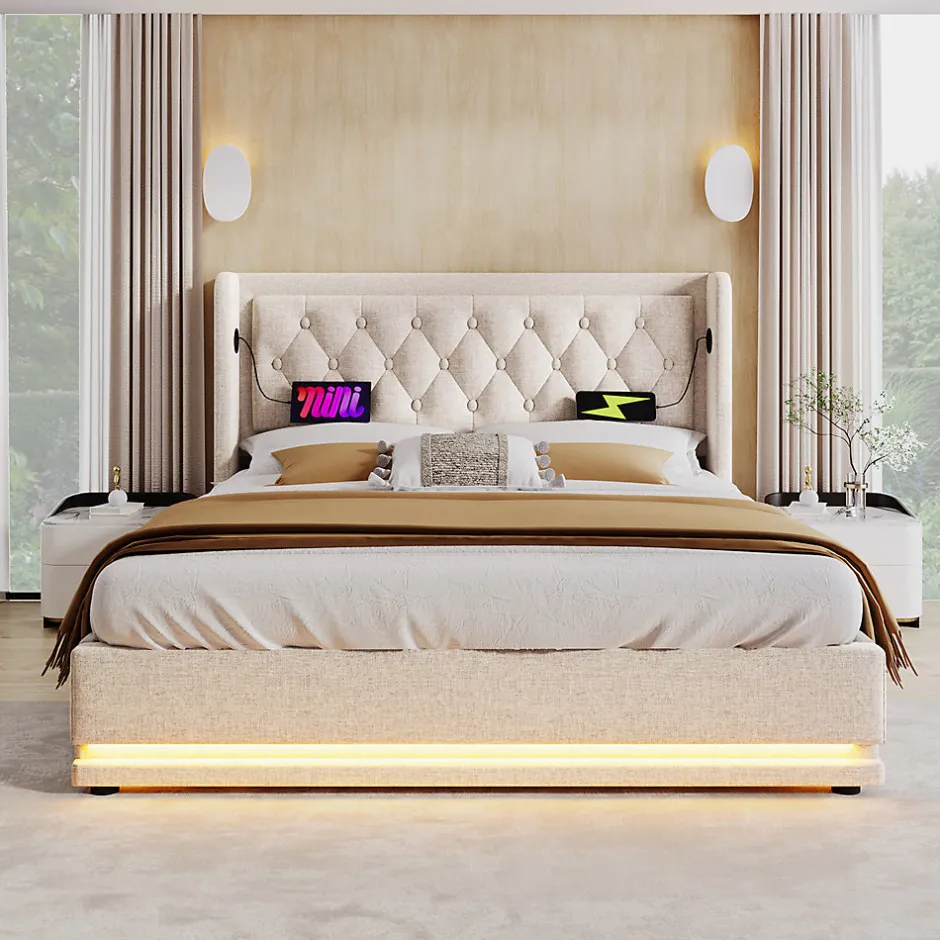 Gutent Lit adulte lit 140x200 cm lit rembourré hydraulique lit de rangement lit double coton beige