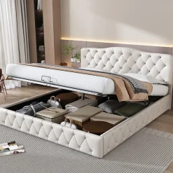 Gutent Lit adulte lit 180x200 cm lit rembourré hydraulique lit sommier à lattes lit de rangement lit double pu blanc Best