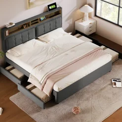 Gutent Lit adulte lit 140x200 cm lit rembourré avec quatre tiroirs avec sommier à lattes en bois lit double lin gris