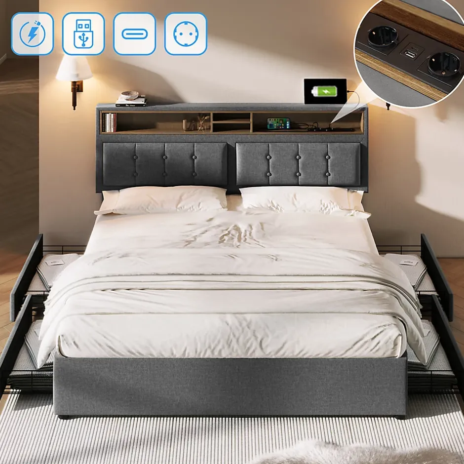 Gutent Lit adulte lit 140x200 cm lit rembourré avec quatre tiroirs avec sommier à lattes en bois lit double lin gris