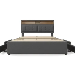 Gutent Lit adulte lit 140x200 cm lit rembourré avec quatre tiroirs avec sommier à lattes en bois lit double lin gris