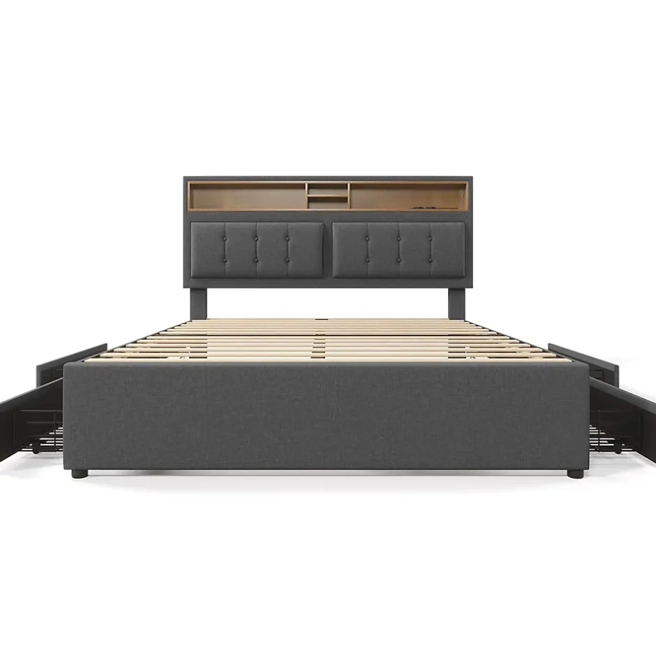 Gutent Lit adulte lit 140x200 cm lit rembourré avec quatre tiroirs avec sommier à lattes en bois lit double lin gris