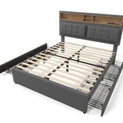 Gutent Lit adulte lit 140x200 cm lit rembourré avec quatre tiroirs avec sommier à lattes en bois lit double lin gris