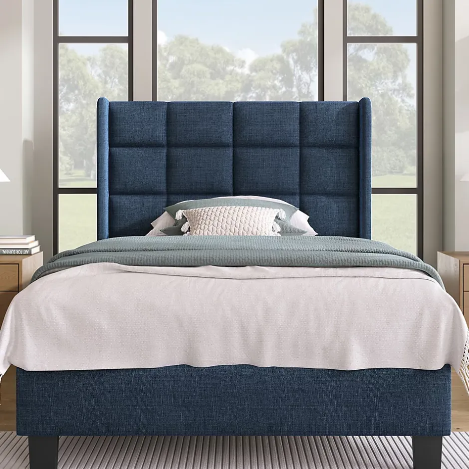 Gutent Lit adulte lit 90x200 cm lit rembourré lit sommier à lattes Single lin bleu Online