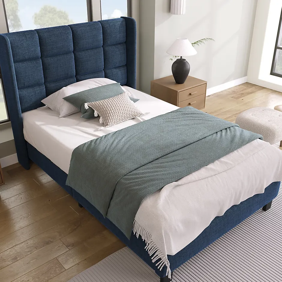Gutent Lit adulte lit 90x200 cm lit rembourré lit sommier à lattes Single lin bleu Online