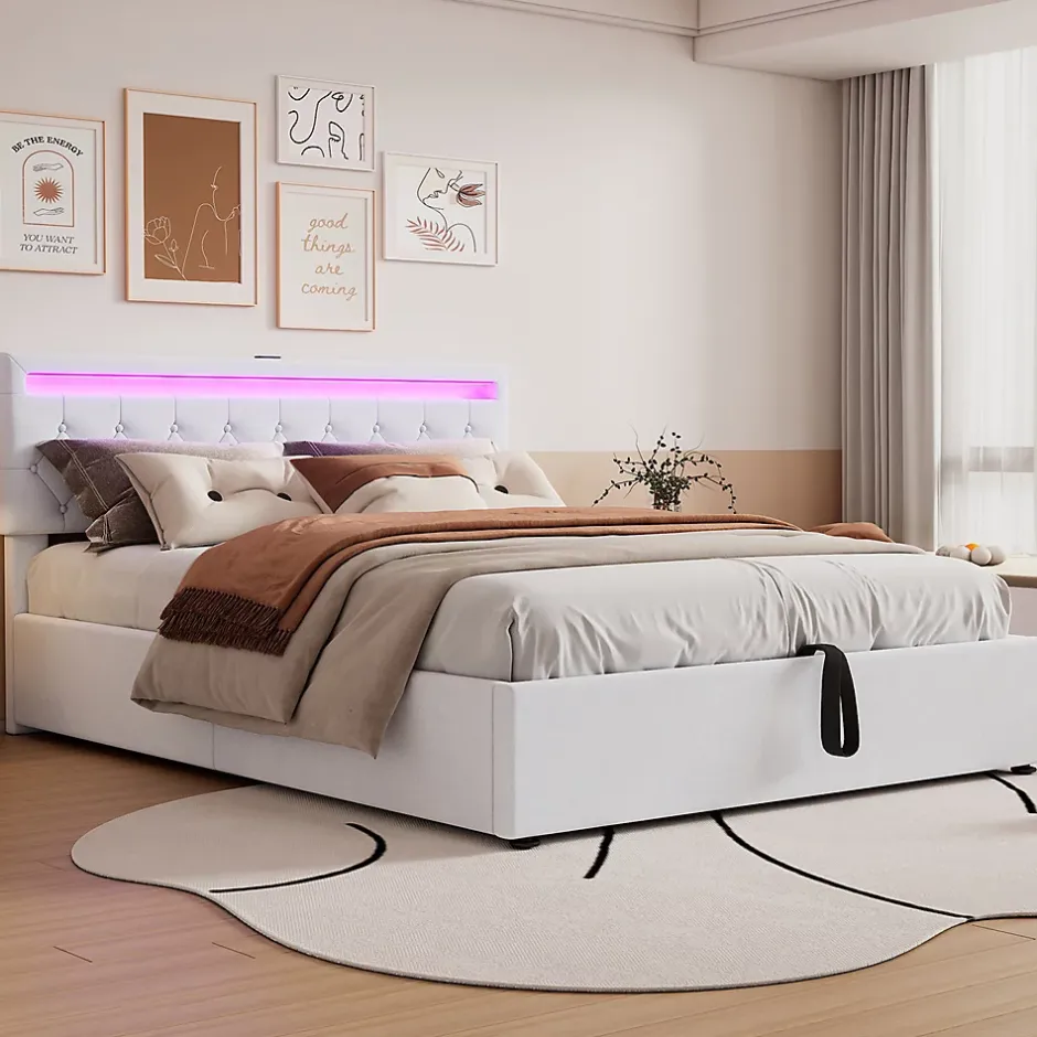 Gutent Lit adulte lit 160x200 cm lit rembourré lit de rangement avec lumière ambiante lit double lin blanc Hot