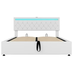 Gutent Lit adulte lit 160x200 cm lit rembourré lit de rangement avec lumière ambiante lit double lin blanc Hot