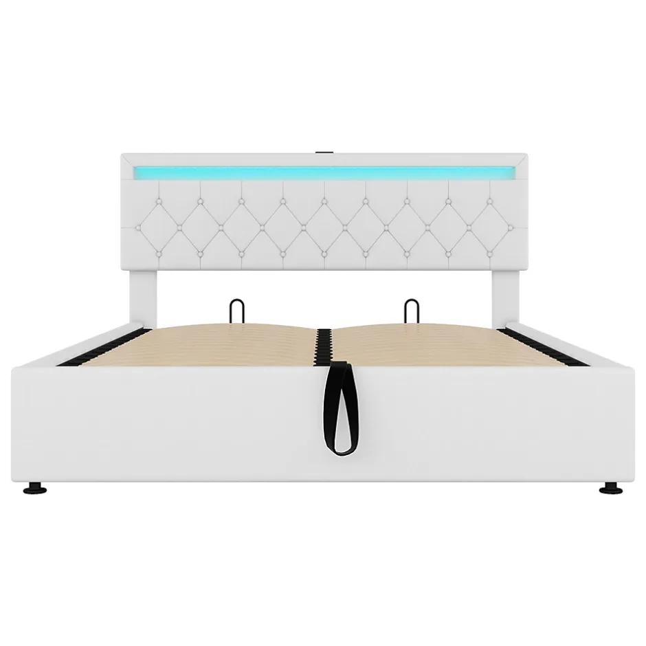 Gutent Lit adulte lit 160x200 cm lit rembourré lit de rangement avec lumière ambiante lit double lin blanc Hot