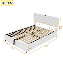 Gutent Lit adulte lit 160x200 cm lit rembourré lit de rangement avec lumière ambiante lit double lin blanc Hot