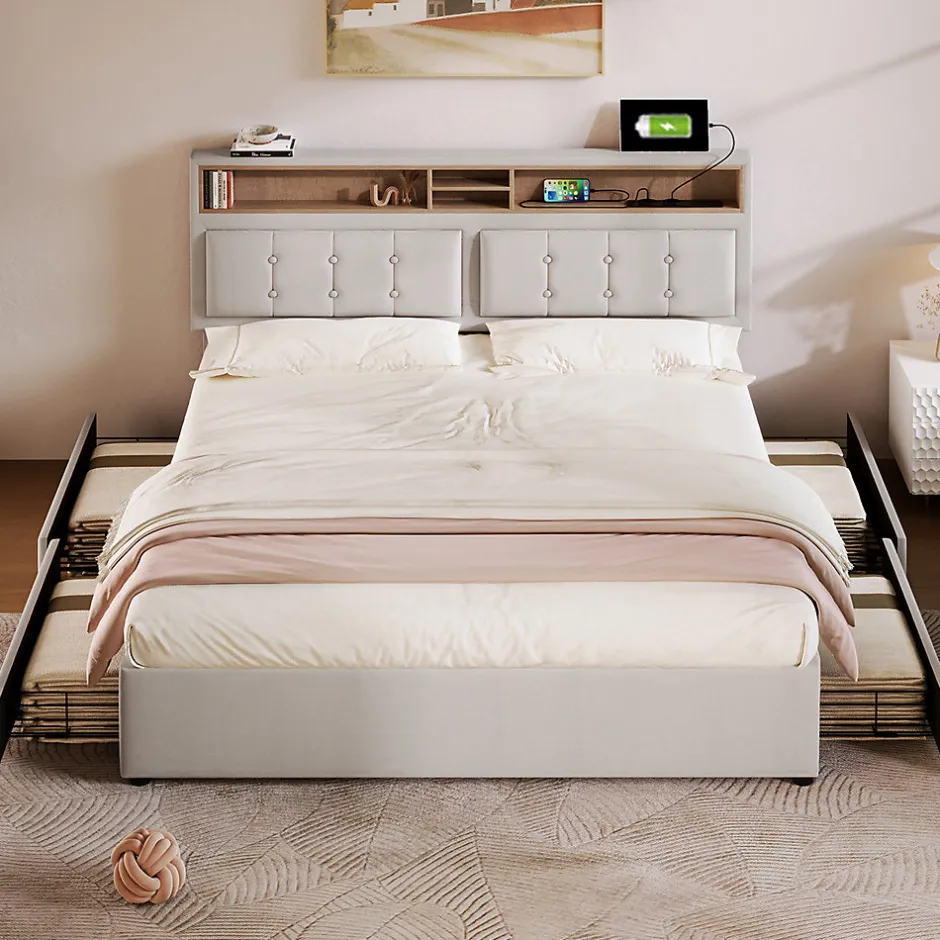 Gutent Lit adulte lit 160x200 cm lit rembourré avec quatre tiroirs avec sommier à lattes en bois lit double lin beige