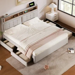 Gutent Lit adulte lit 160x200 cm lit rembourré avec quatre tiroirs avec sommier à lattes en bois lit double lin beige