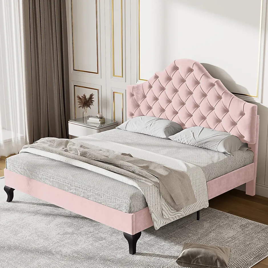 Gutent Lit adulte lit 140x200 cm lit rembourré avec sommier à lattes lit double velours rose Hot