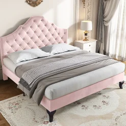 Gutent Lit adulte lit 140x200 cm lit rembourré avec sommier à lattes lit double velours rose Hot
