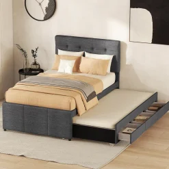 Gutent Lit adulte lit 90x200 cm lit rembourré avec trois tiroirs Single lin gris