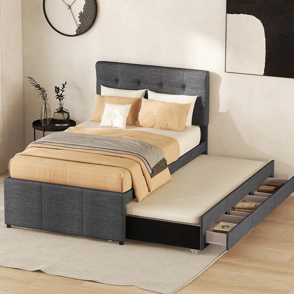 Gutent Lit adulte lit 90x200 cm lit rembourré avec trois tiroirs Single lin gris
