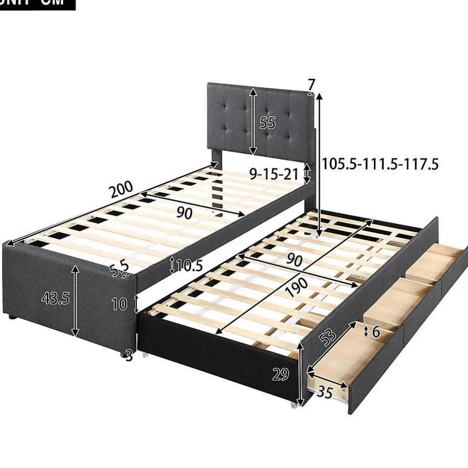 Gutent Lit adulte lit 90x200 cm lit rembourré avec trois tiroirs Single lin gris