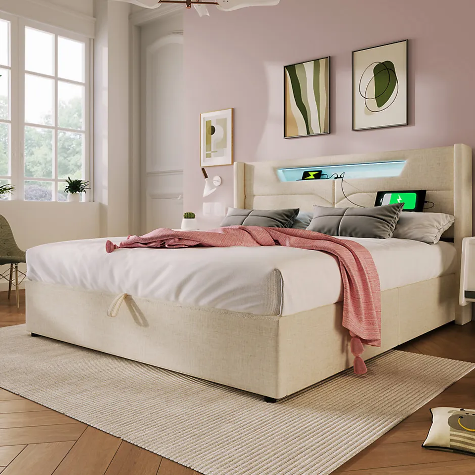 Gutent Lit adulte lit 140x200 cm lit rembourré lit de rangement lit sommier à lattes en bois lit double lin beige
