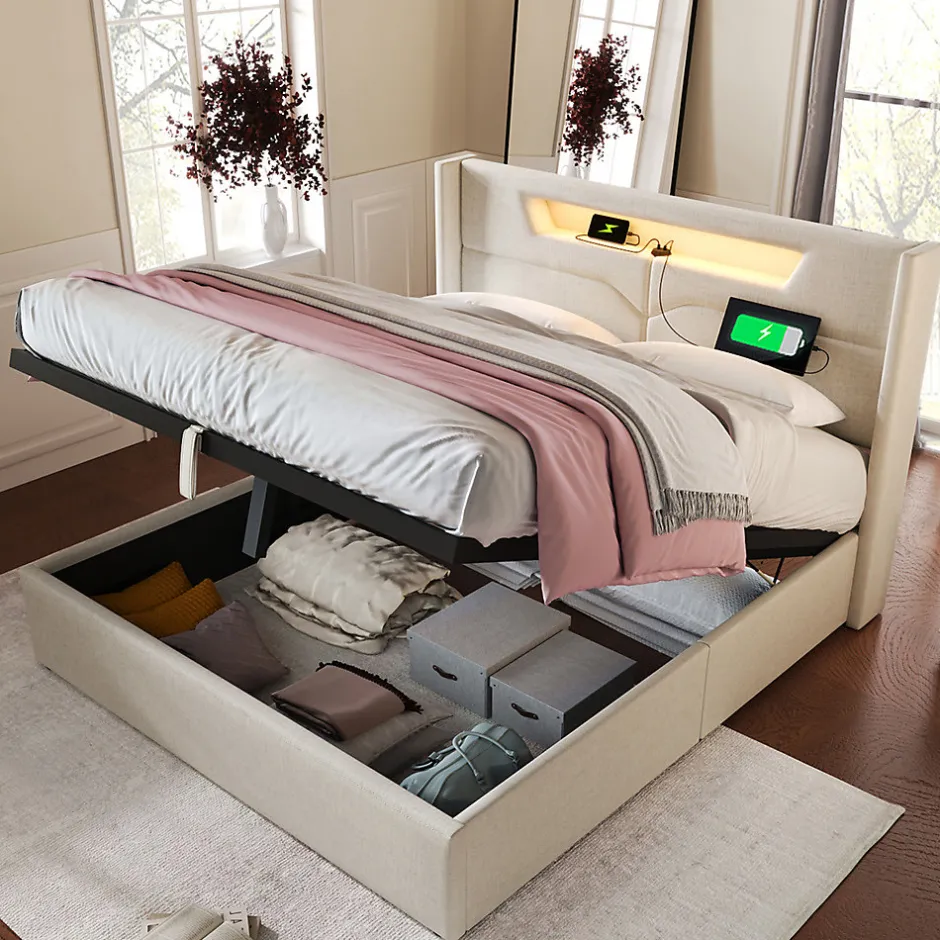 Gutent Lit adulte lit 140x200 cm lit rembourré lit de rangement lit sommier à lattes en bois lit double lin beige