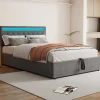 Gutent Lit adulte lit 140x200 cm lit rembourré lit de rangement avec lumière ambiante lit double lin gris