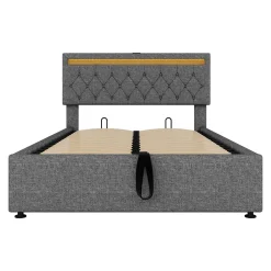 Gutent Lit adulte lit 140x200 cm lit rembourré lit de rangement avec lumière ambiante lit double lin gris
