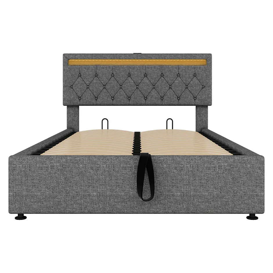 Gutent Lit adulte lit 140x200 cm lit rembourré lit de rangement avec lumière ambiante lit double lin gris