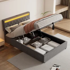 Gutent Lit adulte lit 140x200 cm lit rembourré lit de rangement avec lumière ambiante lit double lin gris