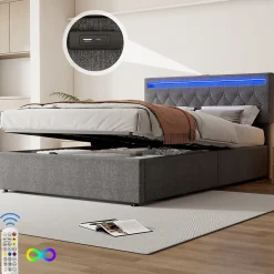 Gutent Lit adulte lit 140x200 cm lit rembourré lit de rangement avec lumière ambiante lit double lin gris