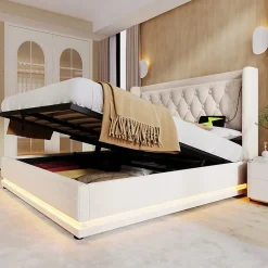 Gutent Lit adulte lit 180x200 cm lit rembourré hydraulique lit de rangement lit double coton beige New