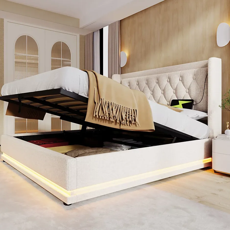 Gutent Lit adulte lit 180x200 cm lit rembourré hydraulique lit de rangement lit double coton beige New