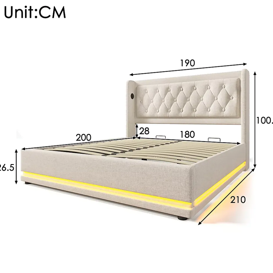 Gutent Lit adulte lit 180x200 cm lit rembourré hydraulique lit de rangement lit double coton beige New