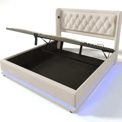 Gutent Lit adulte lit 180x200 cm lit rembourré hydraulique lit de rangement lit double coton beige New