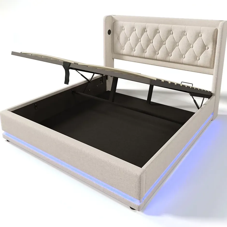 Gutent Lit adulte lit 180x200 cm lit rembourré hydraulique lit de rangement lit double coton beige New