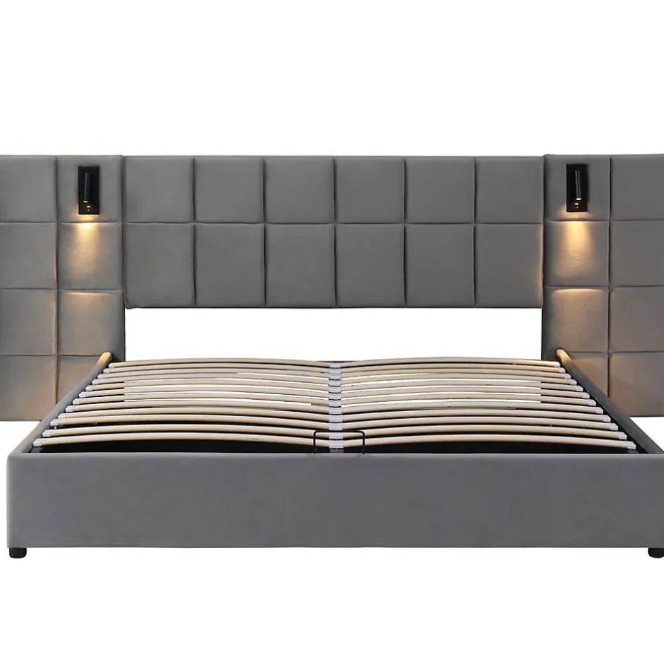Gutent Lit adulte lit 160x200 cm lit rembourré hydraulique lit de rangement lit double velours gris