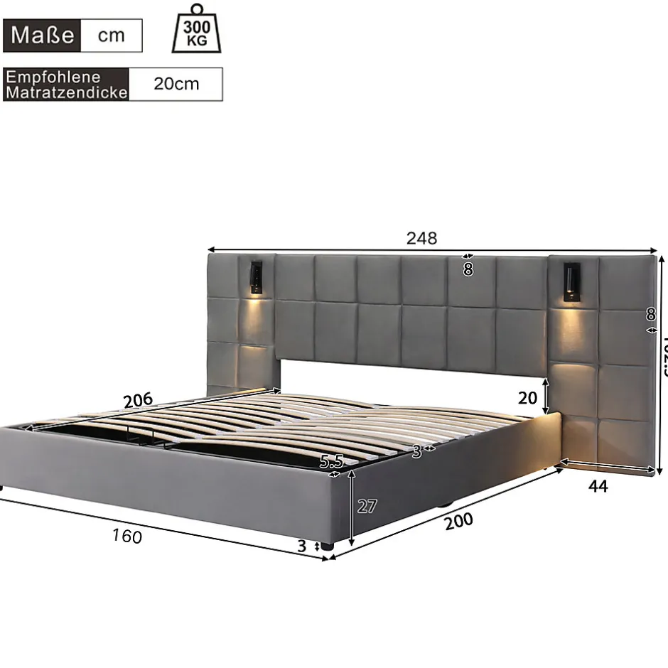 Gutent Lit adulte lit 160x200 cm lit rembourré hydraulique lit de rangement lit double velours gris