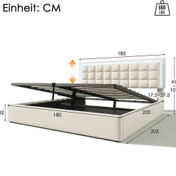 Gutent Lit adulte lit 180x200 cm lit rembourré lit de rangement lit sommier à lattes lit barre d'éclairage led lit double cuir pu blanc