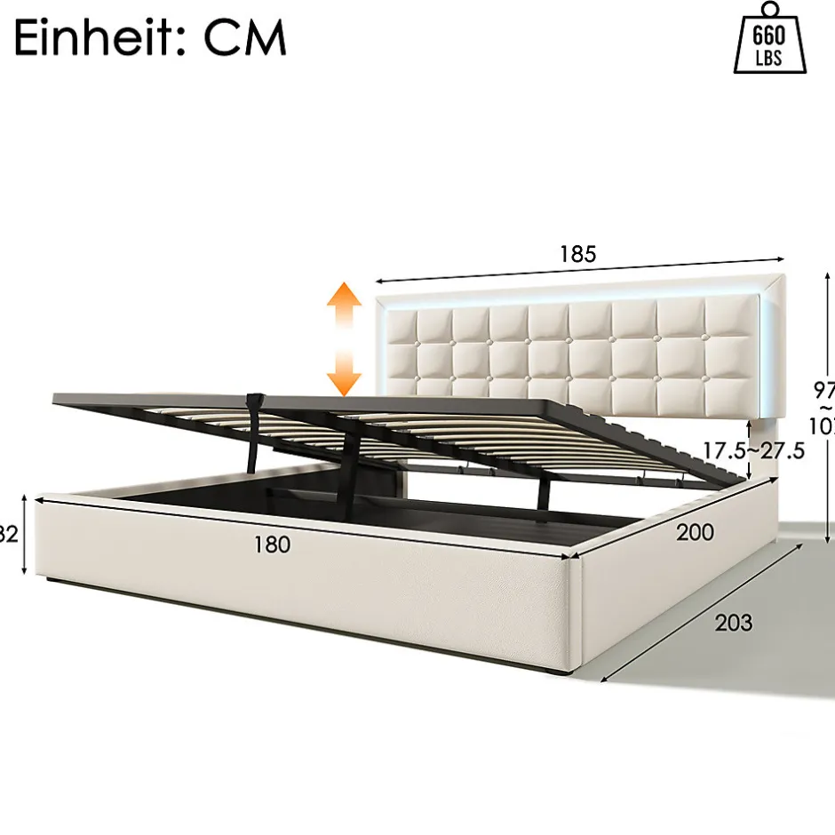 Gutent Lit adulte lit 180x200 cm lit rembourré lit de rangement lit sommier à lattes lit barre d'éclairage led lit double cuir pu blanc