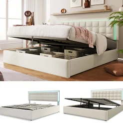 Gutent Lit adulte lit 180x200 cm lit rembourré lit de rangement lit sommier à lattes lit barre d'éclairage led lit double cuir pu blanc