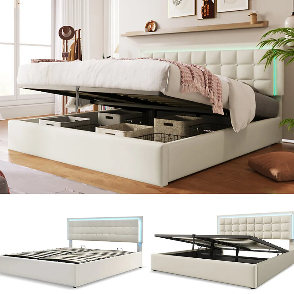Gutent Lit adulte lit 180x200 cm lit rembourré lit de rangement lit sommier à lattes lit barre d'éclairage led lit double cuir pu blanc