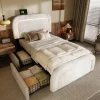 Gutent Lit adulte lit 90x200 cm lit rembourré lit éclairage led lit 2 tiroirs lit sommier à lattes en bois Single sherpa blanc