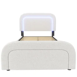 Gutent Lit adulte lit 90x200 cm lit rembourré lit éclairage led lit 2 tiroirs lit sommier à lattes en bois Single sherpa blanc