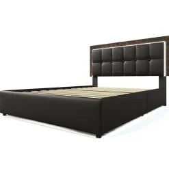 Gutent Lit adulte lit 140x200 cm lit rembourré avec bandeau lumineux led et 4 tiroirs lit double pu noir New