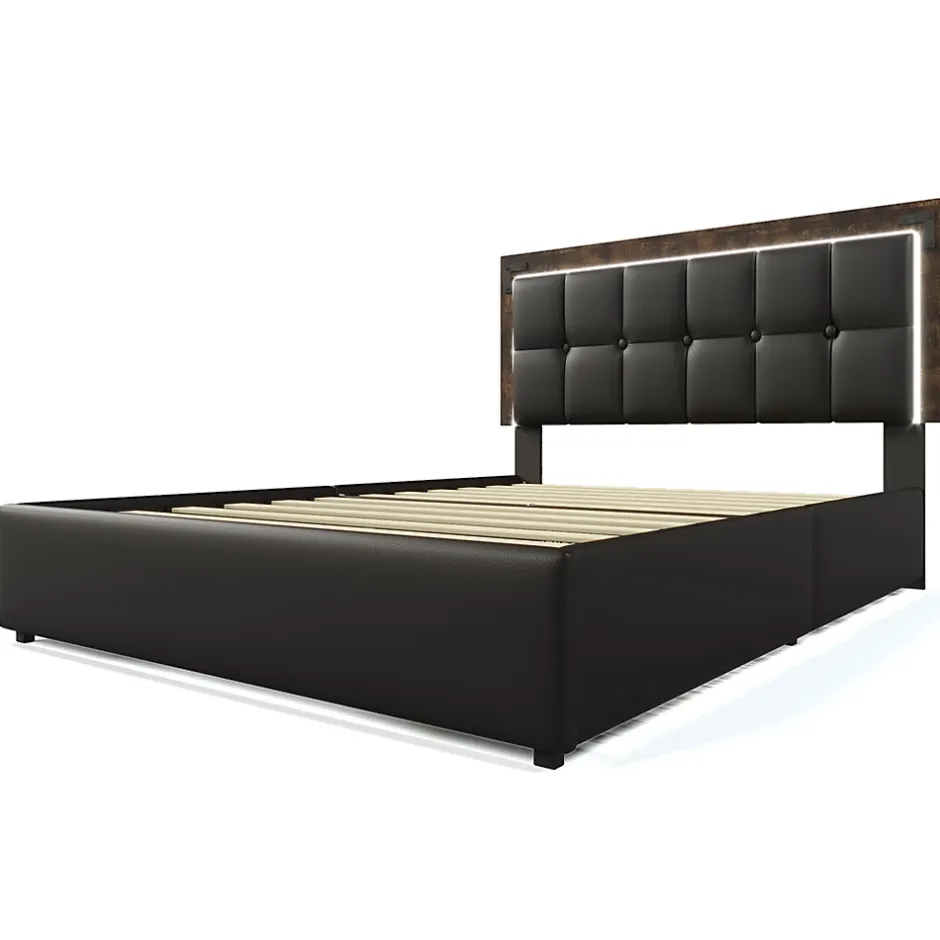 Gutent Lit adulte lit 140x200 cm lit rembourré avec bandeau lumineux led et 4 tiroirs lit double pu noir New