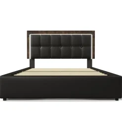 Gutent Lit adulte lit 140x200 cm lit rembourré avec bandeau lumineux led et 4 tiroirs lit double pu noir New
