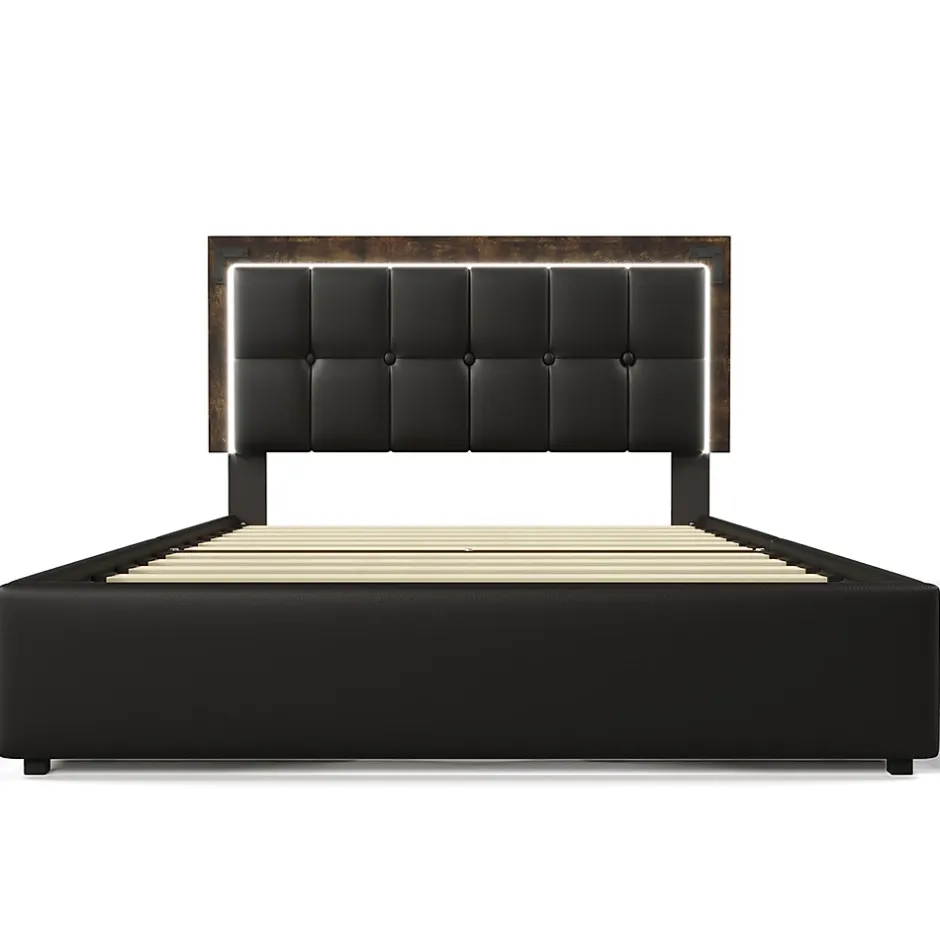 Gutent Lit adulte lit 140x200 cm lit rembourré avec bandeau lumineux led et 4 tiroirs lit double pu noir New