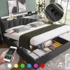 Gutent Lit adulte lit 140x200 cm lit rembourré avec éclairage led lit de rangement lit double lin gris