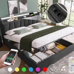 Gutent Lit adulte lit 140x200 cm lit rembourré avec éclairage led lit de rangement lit double lin gris