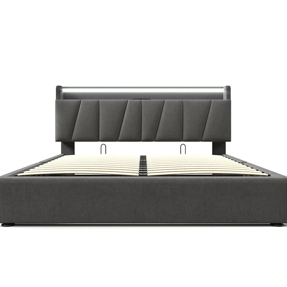 Gutent Lit adulte lit 140x200 cm lit rembourré avec éclairage led lit de rangement lit double lin gris